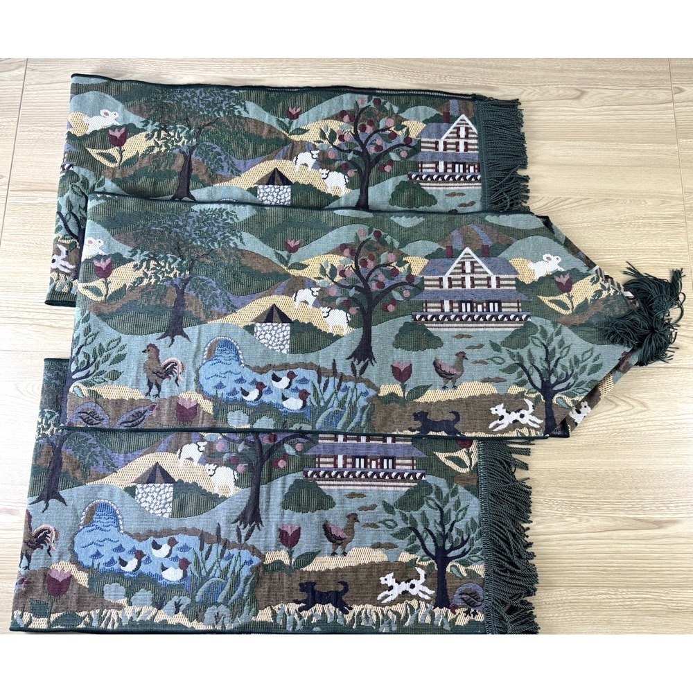 Green Tapestry Table Runner Fringed Tasseled Farm Life Animals Country 3 Pc